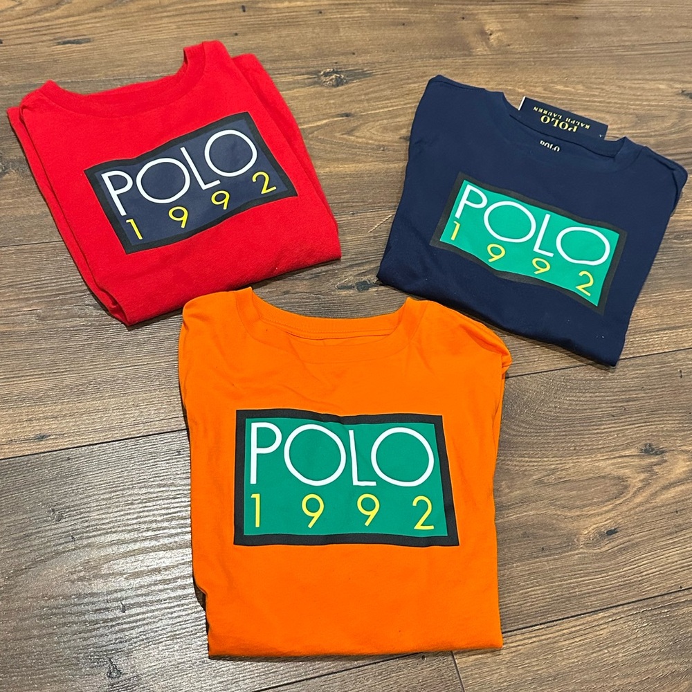 3 vintage style Polo 1992 long sleeve t shirts in Red, Orange, and Blue